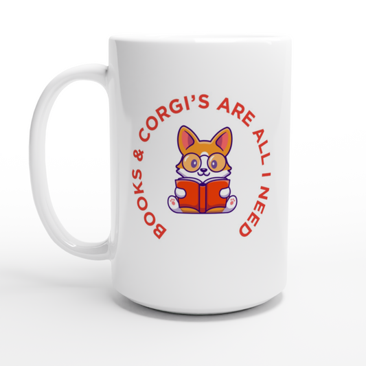 Corgi Book White 15oz Ceramic Mug